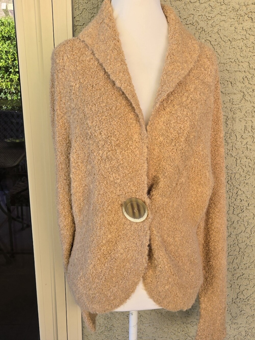 Sweater Works Cozy Tan Bouclé Sweater with Statement Button Alpaca Blend